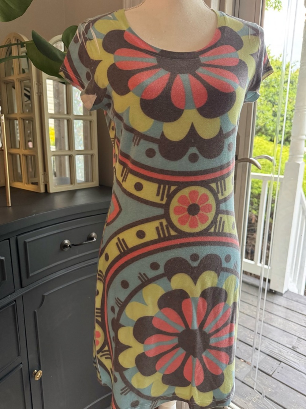 Boutique Vintage Highway Short-Sleeve Floral Dress in Teal, Coral & Lime Size S